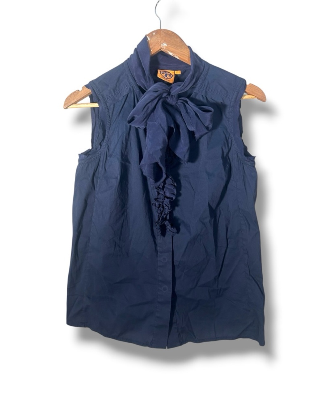 Tory Burch Navy Sleeveless Silk Cotton Neck Tie Blouse Size 4
